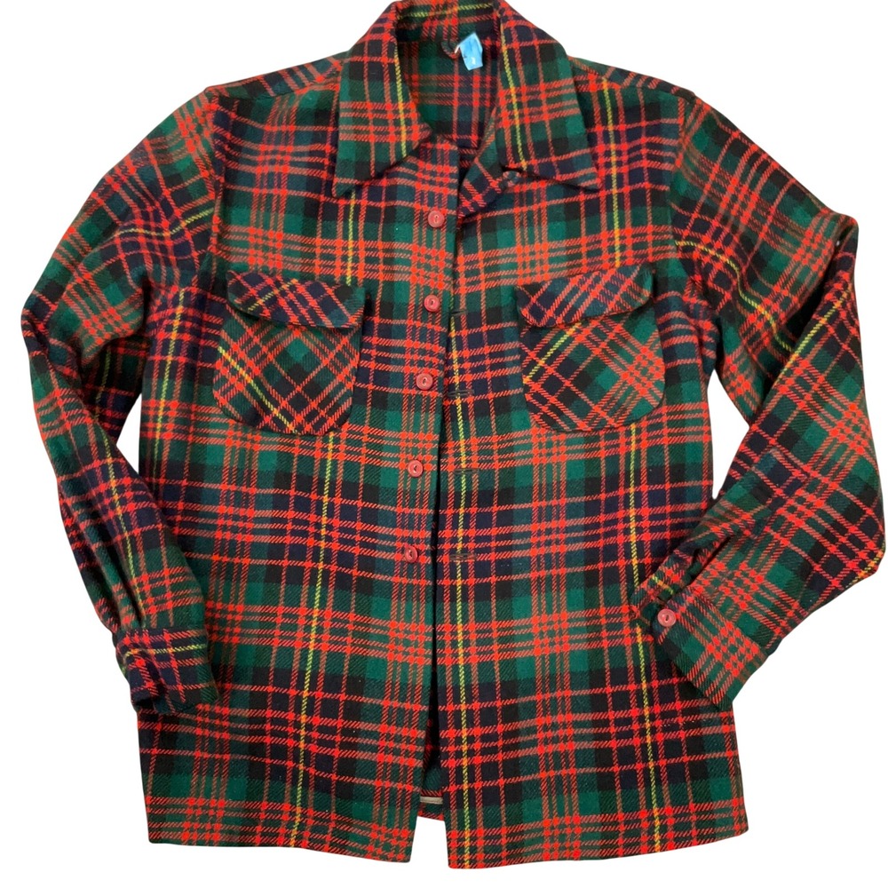 Vintage Shirt Mens L Red Green Tartan Plaid Heavyweight Thick Wool 60s Outdoor